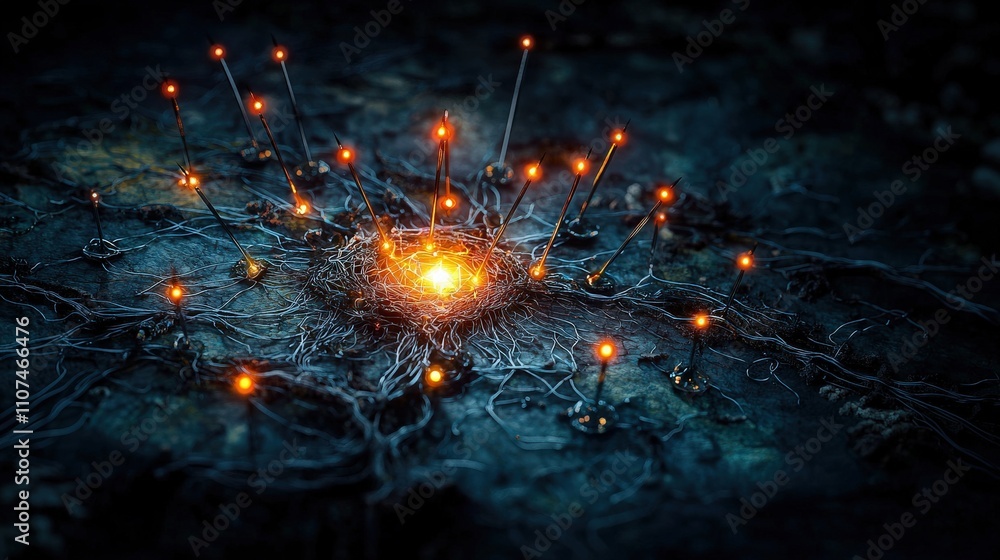 Poster Illuminated pin map of human connections digital art dark background conceptual visualization modern technology insights