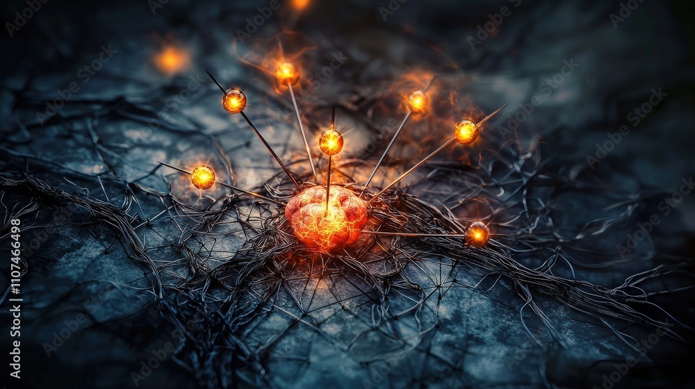 Poster Illuminated pins marking a human map digital art abstract environment conceptual viewpoint visualization of connections