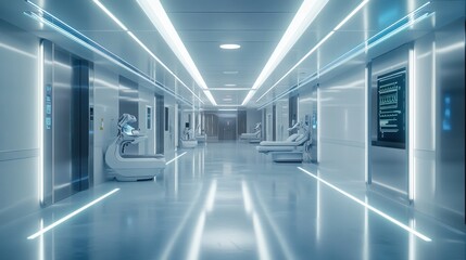 Fototapeta premium Futuristic hospital corridor with medical beds and glowing lights.