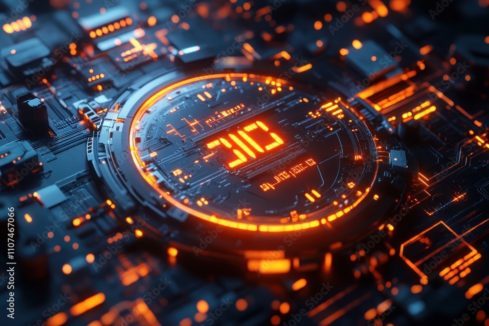 Poster futuristic 3d render of a circuit board with a glowing 300 display.