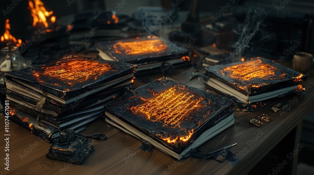 Poster mystical desk overflowing with fiery manuscripts an enchanted study of digital art and imagination u