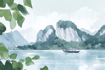 Minimalistic calm mountain landscape with boat and serene water