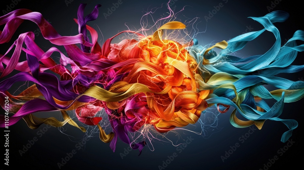Poster vibrant abstract art colorful ribbons weaving through modern patterns in a creative digital design p