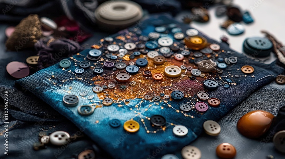 Aufkleber mixed media art in a cozy craft room artistic fabric map with constellation-inspired buttons