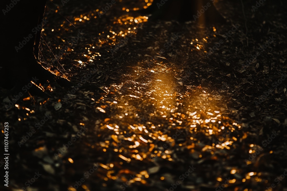 Poster sunlight glimmers on a layer of dry leaves creating a magical atmosphere in a forest during autumn w