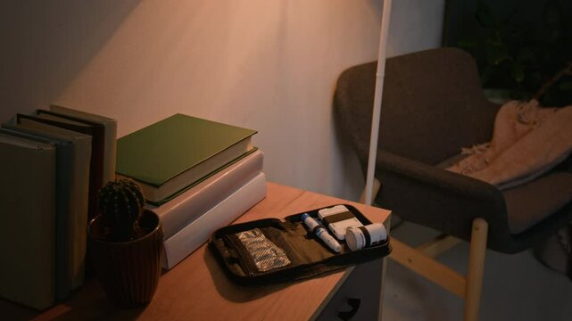 Cozy softy lit living room corner featuring side table with books, cactus, and open diabetic kit bag, floor lamp near comfortable gray chair