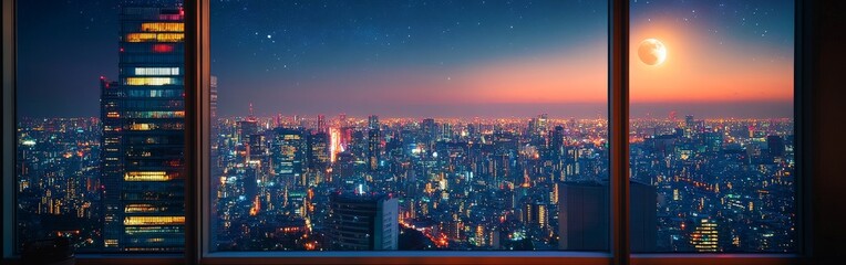 Fototapeta premium Cyberpunk cityscape with full moon seen from balcony