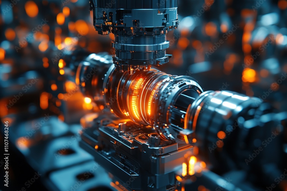 Poster a close-up of a robotic arm in an industrial setting, working on a metal part. the robotic arm is ho