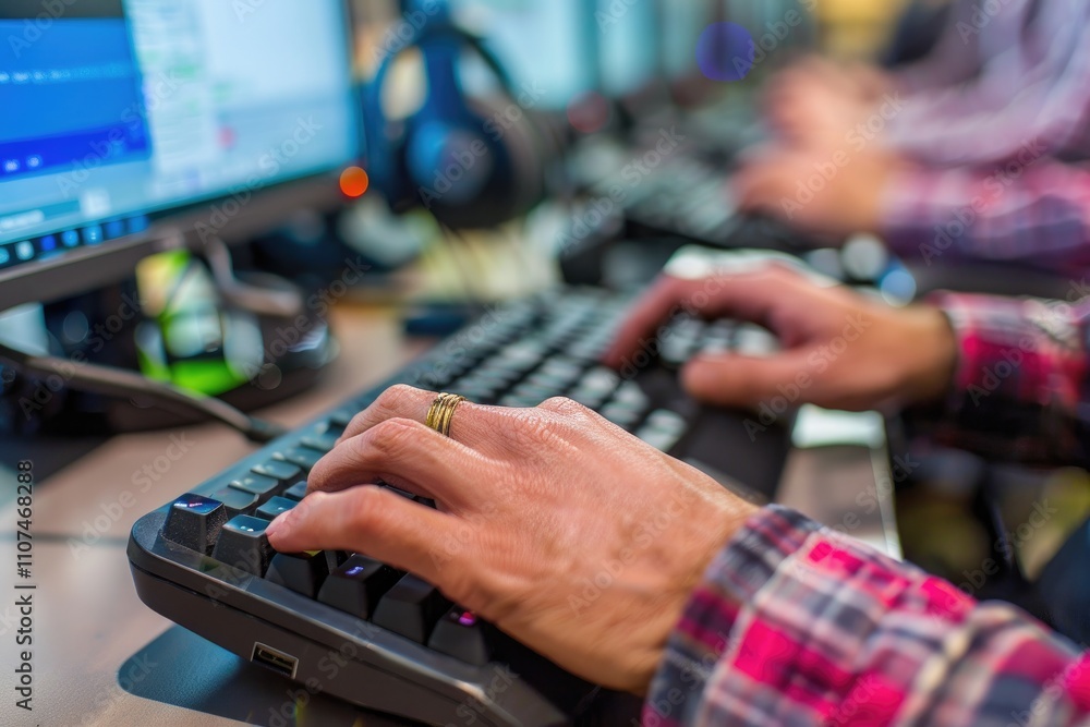 Poster hands typing on a keyboard in a tech-focused environment, indicating work or collaboration.
