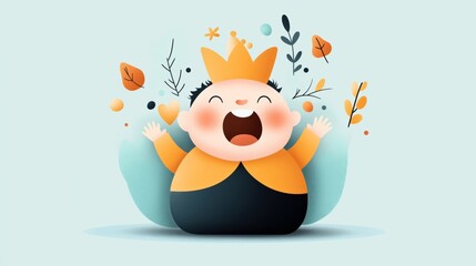 Fototapeta premium Illustration of a joyful child wearing a crown with arms raised, surrounded by colorful autumn leaves and abstract elements against a light background.