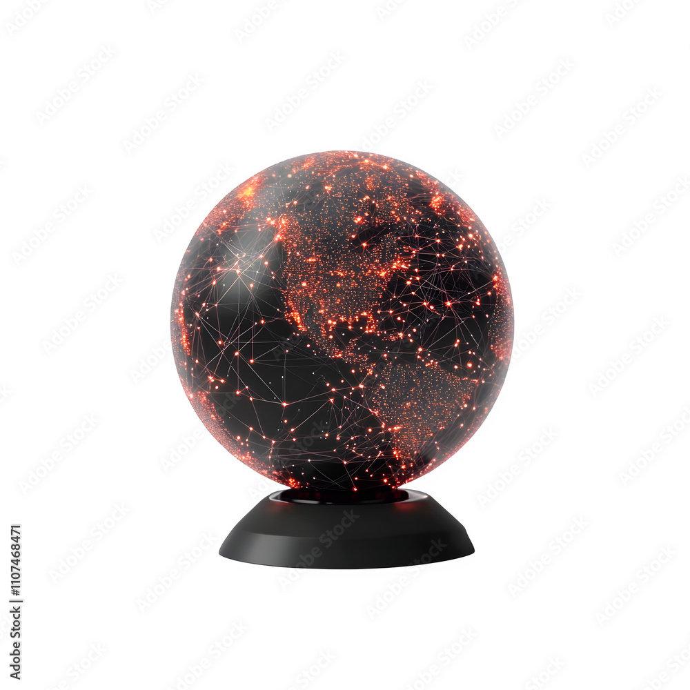 Poster futuristic globe with glowing lines and dots representing global network, set against transparent ba