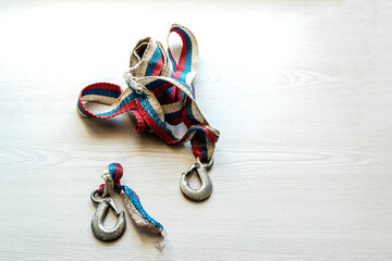 tow rope in the colors of the Russian Federation. concept of breaking off relations with Russia. copy space