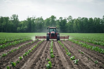 Fototapeta premium Tractor Tilling a Green Field with Growing Crops Under a Bright Sky, Showcasing Agricultural Practices and Machinery in Modern Farming