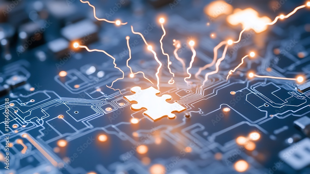 Poster puzzle pieces merging with circuit patterns representing technology and innovation