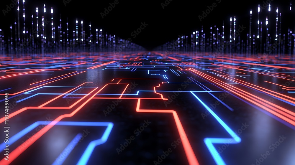 Poster puzzle pieces merging with circuit patterns representing technology and innovation