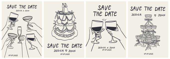 Hand drawn chalk food illustrations. Italian style wedding dinner posters and placards. Wine, champagne glass, cheese, cake drawings for wedding invitations, menus and parties. Ink doodle sketch style