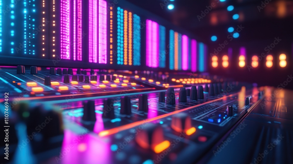 Poster close-up of a sound mixing console in a recording studio with colorful lights.