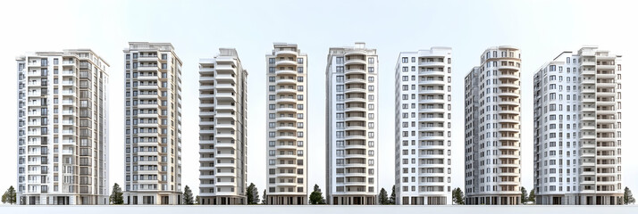 Architectural Visualization, Seven Modern Apartment Buildings in a Row,  Exuding Elegance and Urban Sophistication.