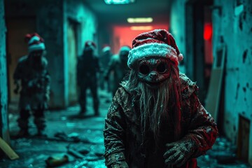 Fototapeta premium Terrifying zombie Santa Claus in a dark corridor with eerie lighting, Christmas horror concept