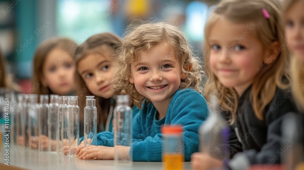 Poster a group of young elementary school students smiling while sitting at a table during a science experi