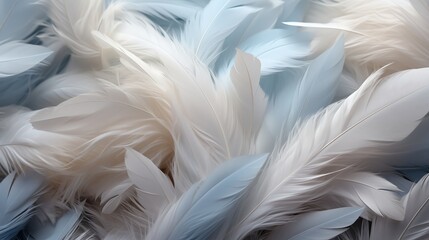 Fototapeta premium Closeup, white and feathers background for peace, calm and spirituality for God, religion and hope. Ai generated, feather and bird plumage