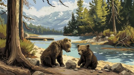 Two bear cubs sit near a riverside, surrounded by tall trees and mountainous scenery, with soft sunlight highlighting their fur and the natural landscape.
