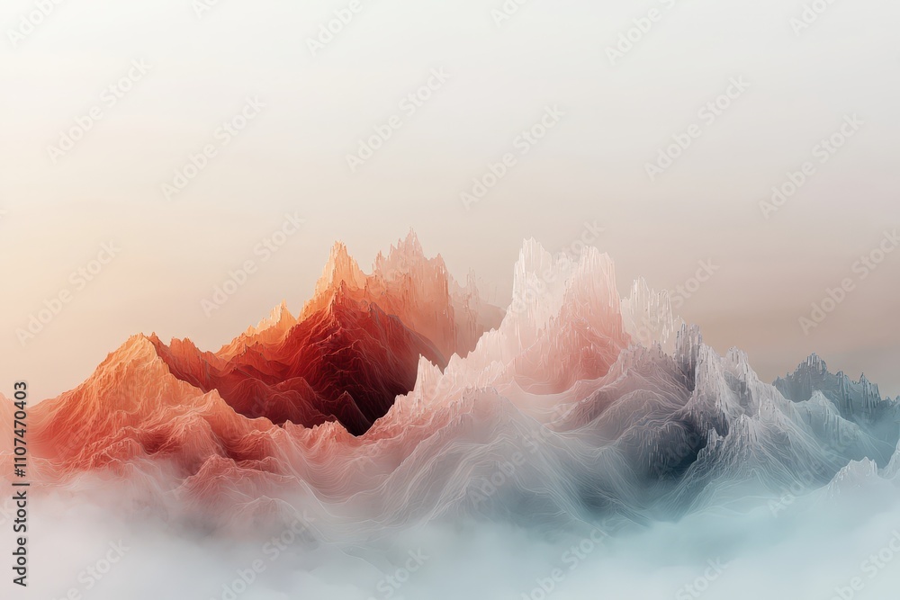 Poster abstract mountain landscape with soft color gradients and ethereal clouds