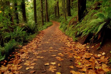 Tranquil Forest Pathway Surrounded by Lush Greenery and Vibrant Autumn Leaves in a Peaceful Woodland Environment