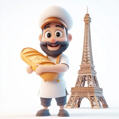 Cartoon baker with baguette and Eiffel Tower
