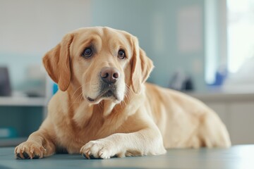 Calm Labrador Dog Relaxing on Examination Table in Veterinary Clinic Interior