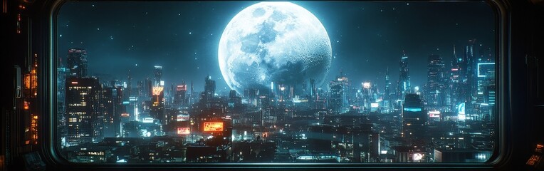 Obraz premium Futuristic City Skyline with Massive Moon, Cyberpunk Night View