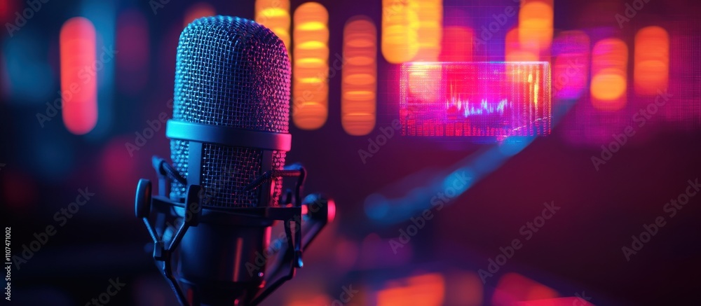 Aufkleber a close-up of a microphone in a recording studio with colorful lights in the background.