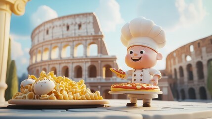 Chef with pasta and pizza near Colosseum