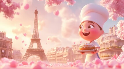 Chef with dessert by Eiffel Tower, pastel colors