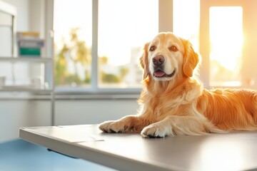 Happy Golden Retriever on Table in Bright Room with Soft Sunlight Background