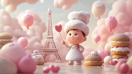 Child chef in pink decor with desserts, cute scene