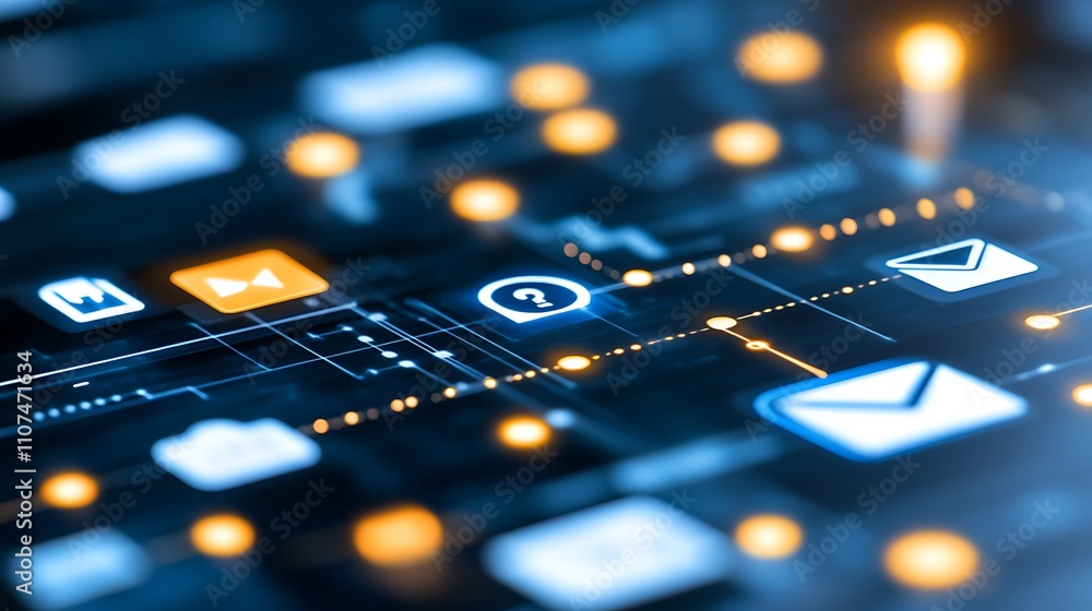 Poster digital communication icons representing email and security in a connected network