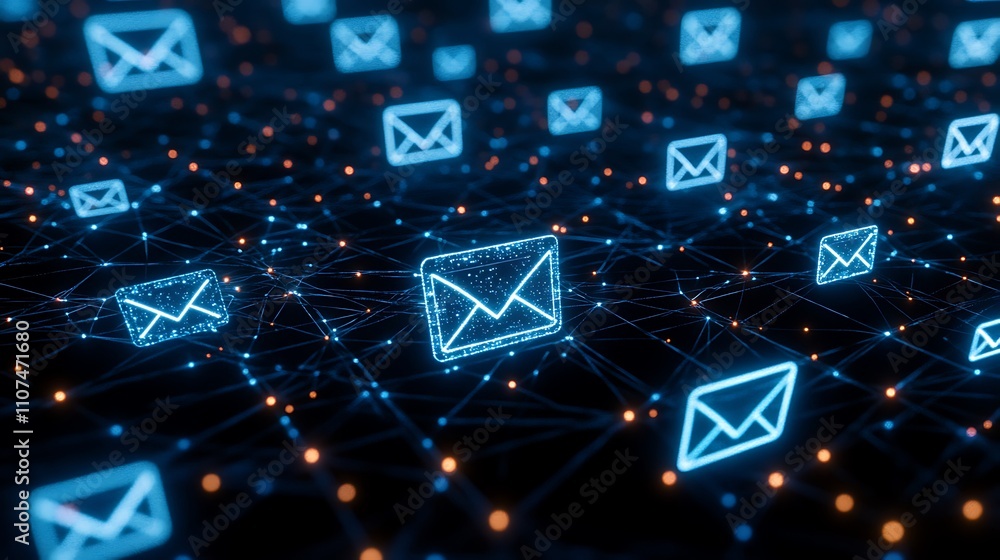 Poster digital communication icons representing email and security in a connected network