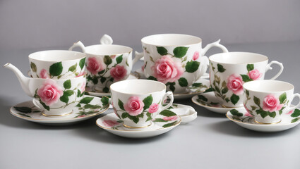 Fototapeta premium A complete tea set, white with pink roses and green leaves, on a tray.