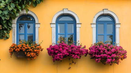 Vibrant Floral Decor Adorns Three Blue Windows on Yellow Building