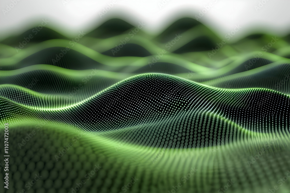 Poster abstract green particle wave background, digital undulating landscape of glowing dots creates a mesm