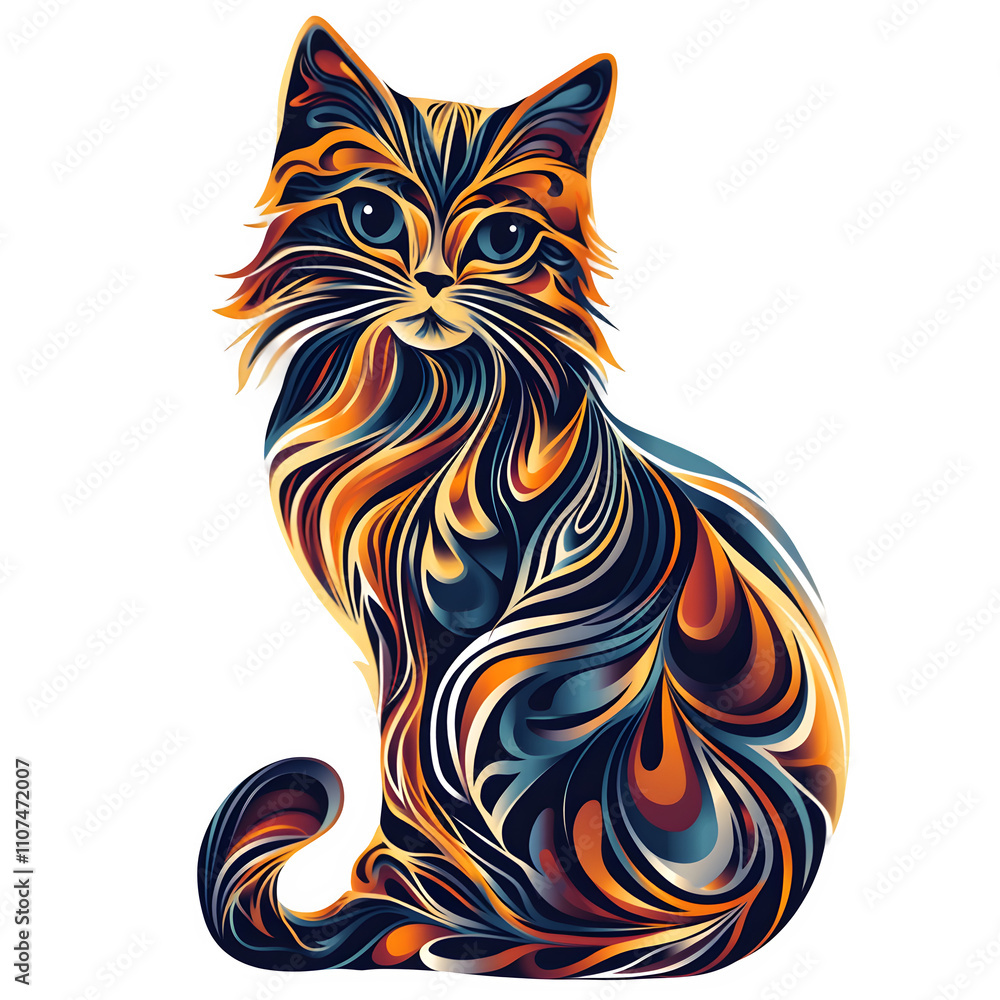 Poster Sitting cat with swirling patterns in stylized illustration, with a transparent background for seamless design integration