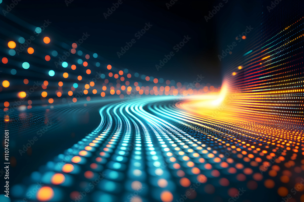 Poster abstract digital background, glowing trails of light curve dynamically across a dark space, illumina