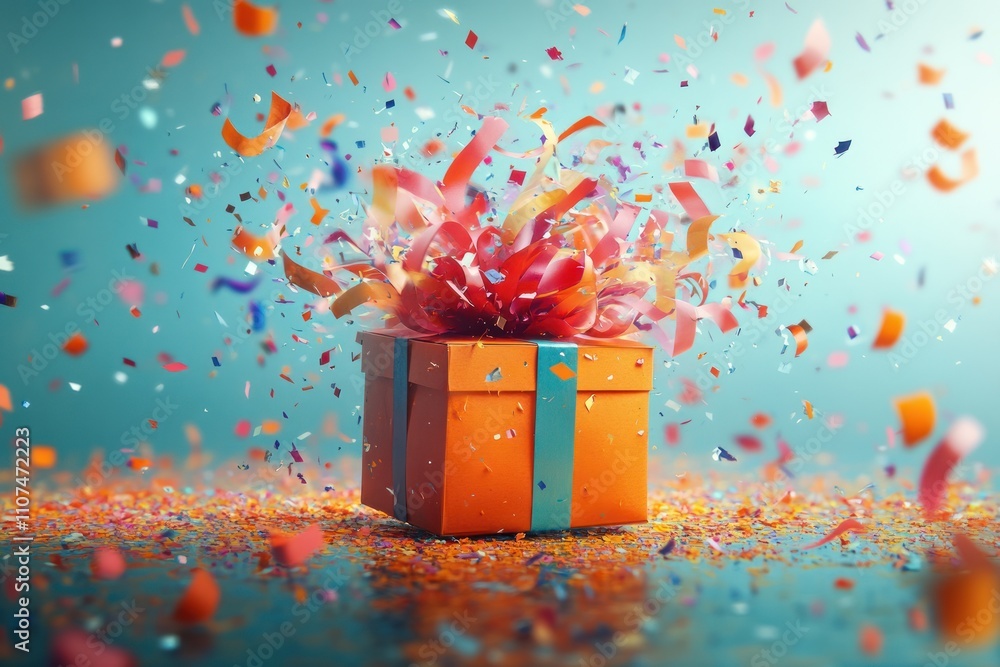 Poster Exploding gift box with colorful confetti and ribbons.