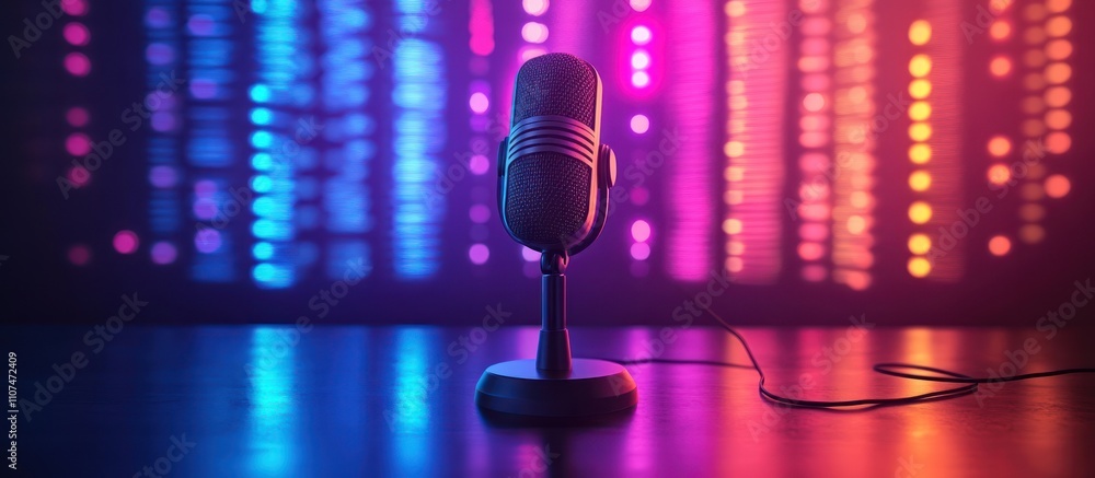 Aufkleber retro microphone on a stand against a background of colorful bokeh lights.