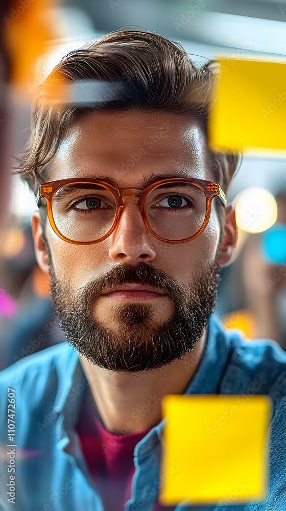 Poster man with beard and glasses brainstorming ideas on sticky notes