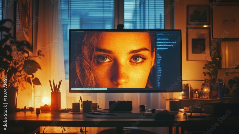 Poster close-up of a computer screen displaying a woman's face, illuminated in warm light, on a desk in a c
