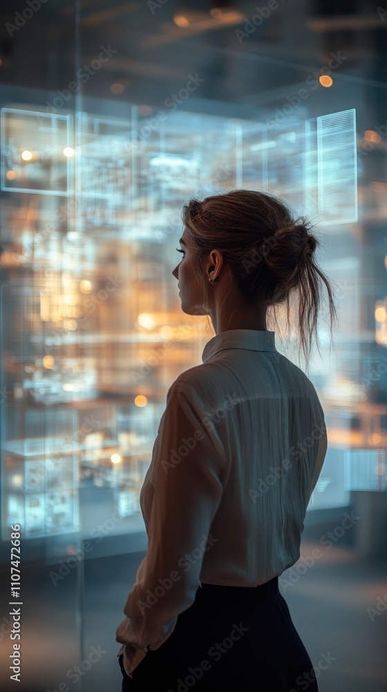 Poster a businesswoman stands in front of a large digital screen, looking at the data displayed on it. she 