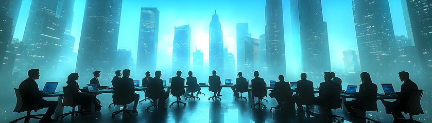 Fototapeta premium Executives Meeting, Strategic Planning in Futuristic Cityscape