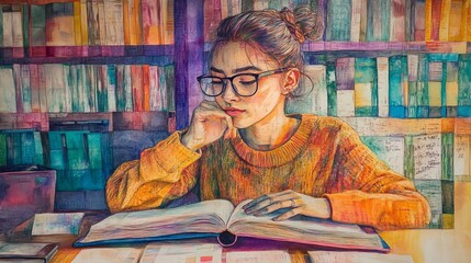 A young woman sits at a desk in a library, engrossed in a book.  She wears glasses and a yellow sweater.  The shelves behind her are filled with colorful books.